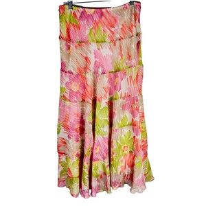 Ruby Rd Womens Tiered Maxi Skirt Floral Pink Green Beige Elastic Waist Boho